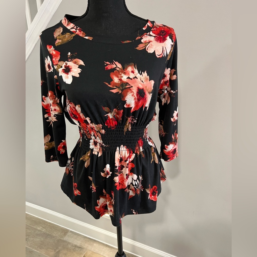 Women's Tops Casual Long Sleeve Crewneck Black with Floral Print Top